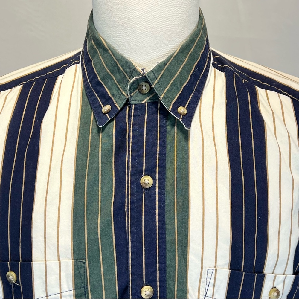 VINTAGE 90s men’s stripe button‎ down shirt 100% cotton blue green casual preppy - Picture 4 of 11